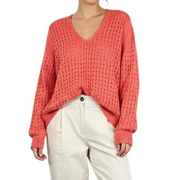 OLSEN watermelon pink open knit v neck boxy pullover cable knit sweater XL / 16 - Picture 1 of 15